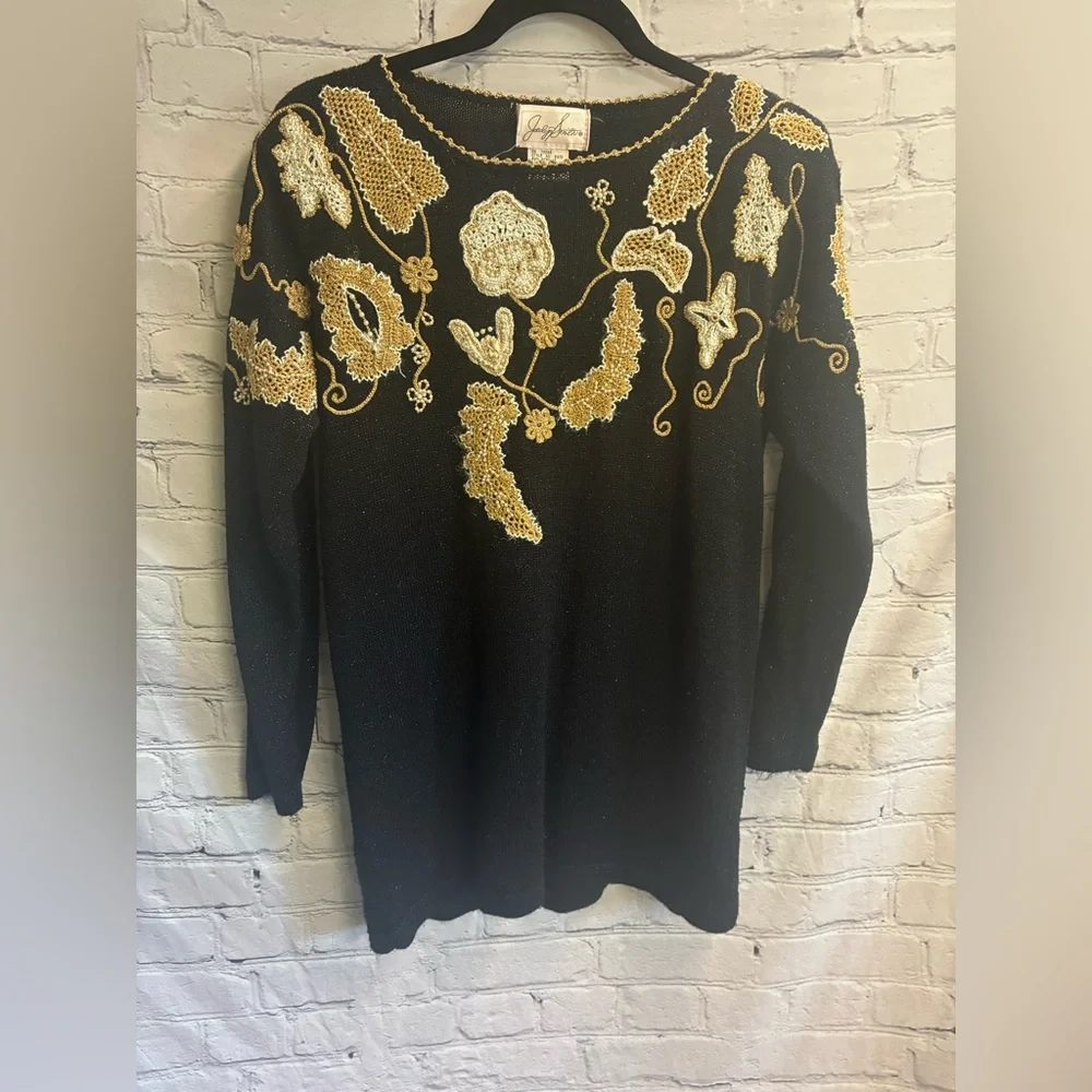 Vintage Women’s Jaclyn Smith Sz Small‎ Metallic Sweater Pearl Embroidered Black